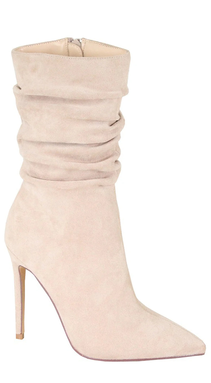 Ludovica Side Zipper Suede Pointy Toe High Heel Booties - Beige