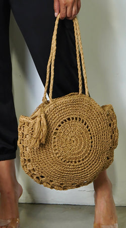 Circle Straw Summer Tote Bag - Khaki