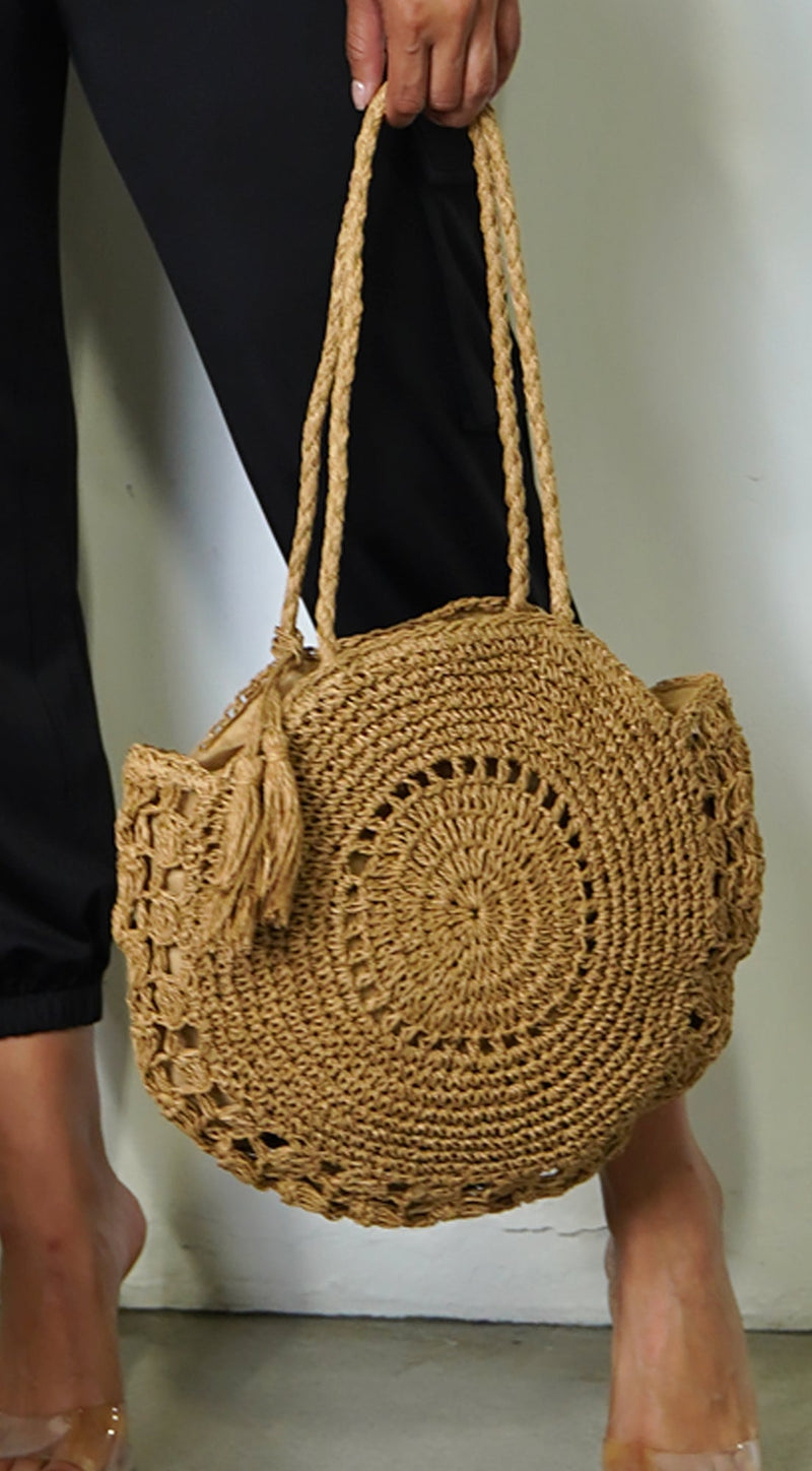 Circle Straw Summer Tote Bag - Khaki