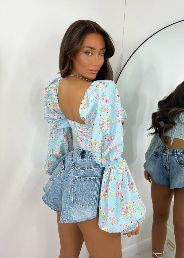 Robin Floral Print Puff Sleeve Crop Top - Blue