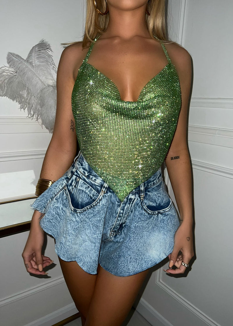 Tayce Diamante Chainmail Halter Neck Top - Green