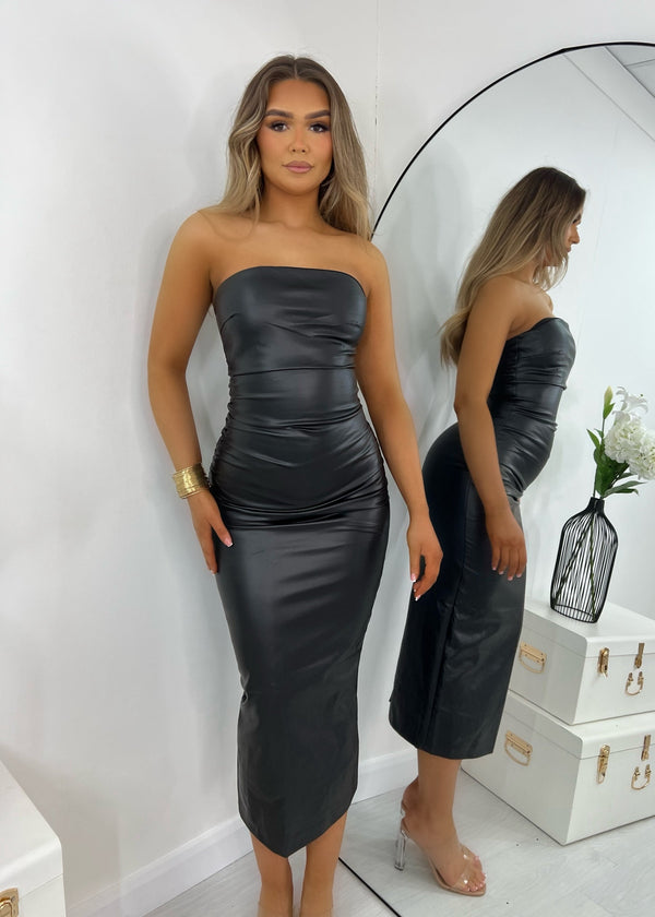 Attention Seeker PU Bandeau Midi Dress - Black