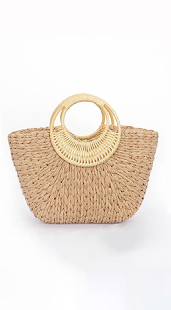 Summer Day Bamboo Handle Straw Bag - Khaki