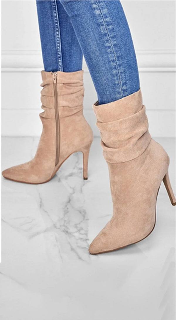 Ludovica Side Zipper Suede Pointy Toe High Heel Booties - Beige